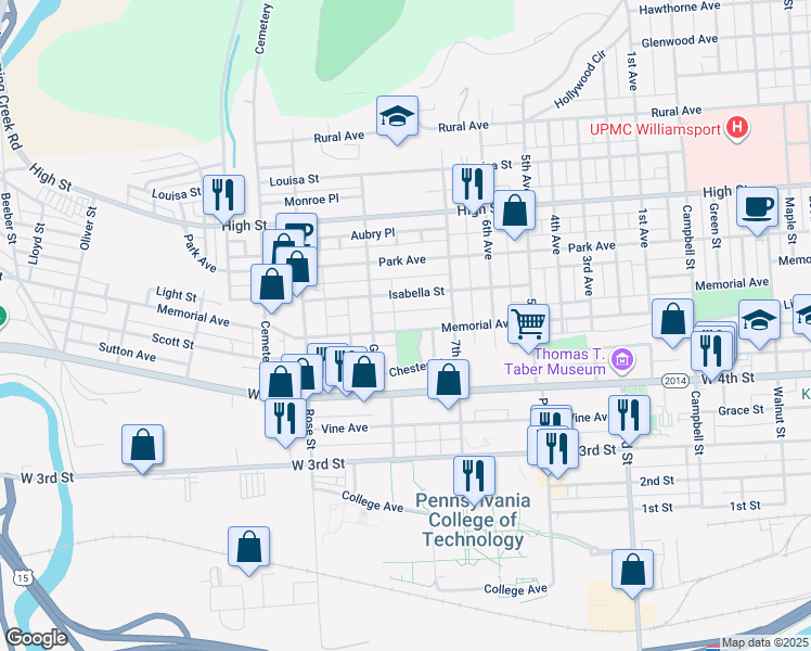 map of restaurants, bars, coffee shops, grocery stores, and more near 560 Lose Parkway in Williamsport
