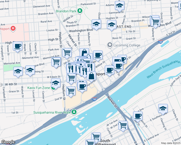 map of restaurants, bars, coffee shops, grocery stores, and more near in Williamsport