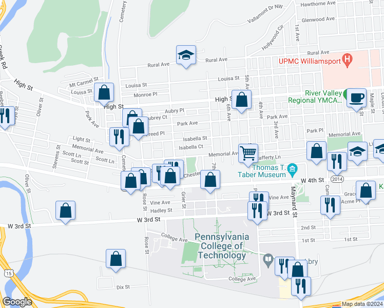 map of restaurants, bars, coffee shops, grocery stores, and more near 560 Lose Parkway in Williamsport