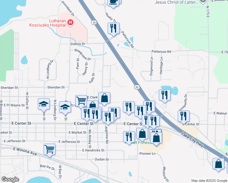 map of restaurants, bars, coffee shops, grocery stores, and more near 2507 Oriole Lane in Warsaw