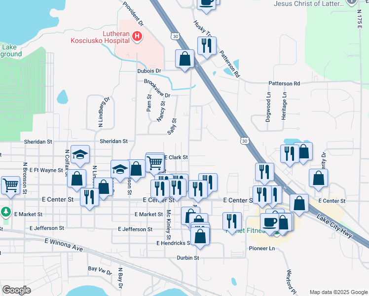 map of restaurants, bars, coffee shops, grocery stores, and more near 2421 East Clark Street in Warsaw