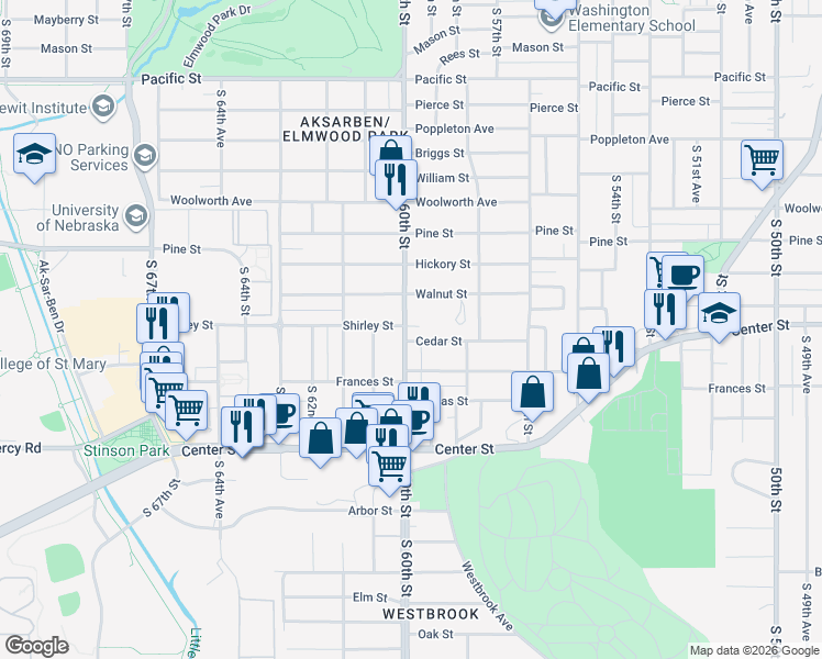 map of restaurants, bars, coffee shops, grocery stores, and more near 2001 South 60th Street in Omaha