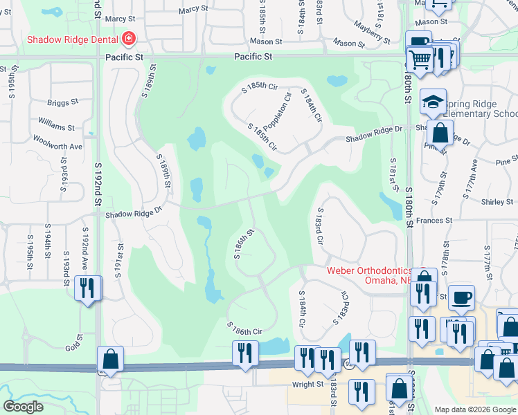 map of restaurants, bars, coffee shops, grocery stores, and more near 1817 South 186th Street in Omaha
