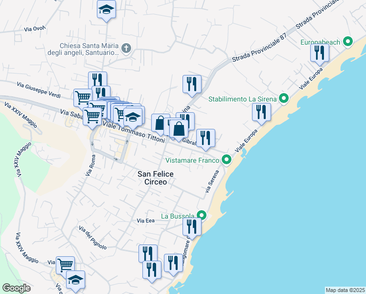 map of restaurants, bars, coffee shops, grocery stores, and more near 187A Viale Tommaso Tittoni in San Felice Circeo
