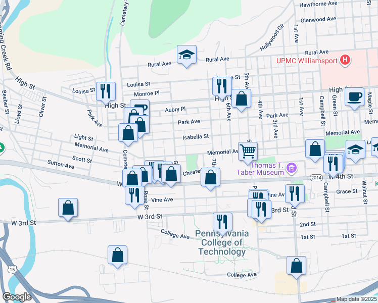 map of restaurants, bars, coffee shops, grocery stores, and more near 560 Lose Parkway in Williamsport