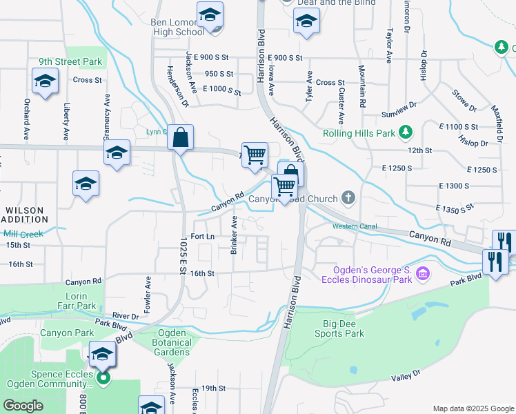 map of restaurants, bars, coffee shops, grocery stores, and more near 1175 Canyon Road in Ogden