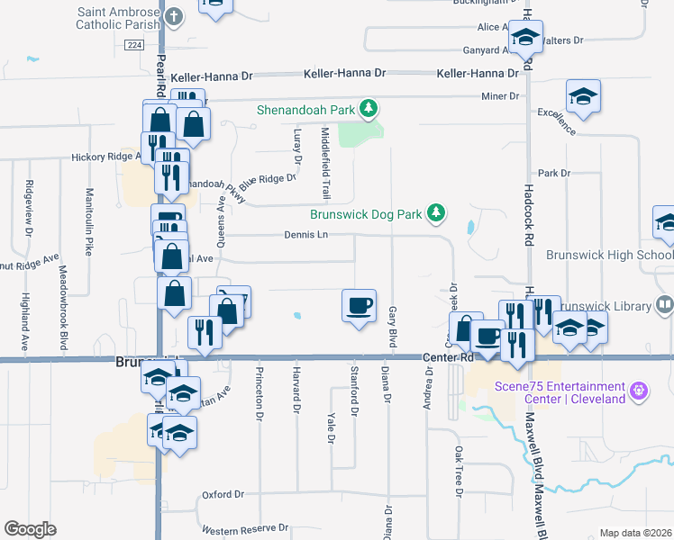map of restaurants, bars, coffee shops, grocery stores, and more near 4067 Tudor Avenue in Brunswick