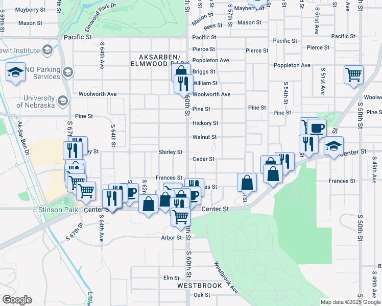 map of restaurants, bars, coffee shops, grocery stores, and more near 2001 South 60th Street in Omaha