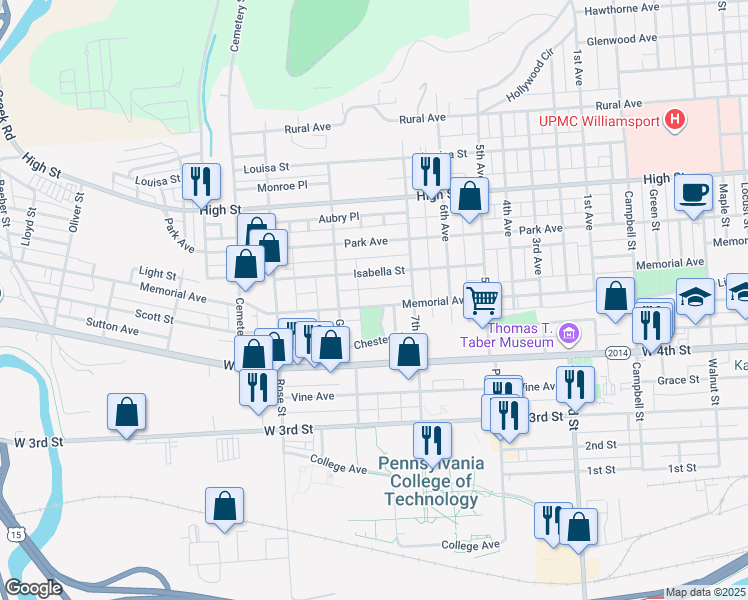 map of restaurants, bars, coffee shops, grocery stores, and more near 560 Lose Parkway in Williamsport