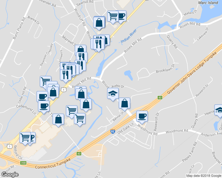map of restaurants, bars, coffee shops, grocery stores, and more near 22 Woodmont Road in Milford