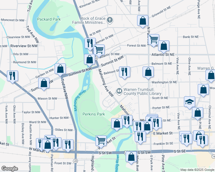 map of restaurants, bars, coffee shops, grocery stores, and more near 670 Mahoning Avenue in Warren