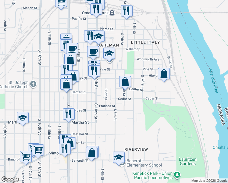 map of restaurants, bars, coffee shops, grocery stores, and more near 1919 South 8th Street in Omaha