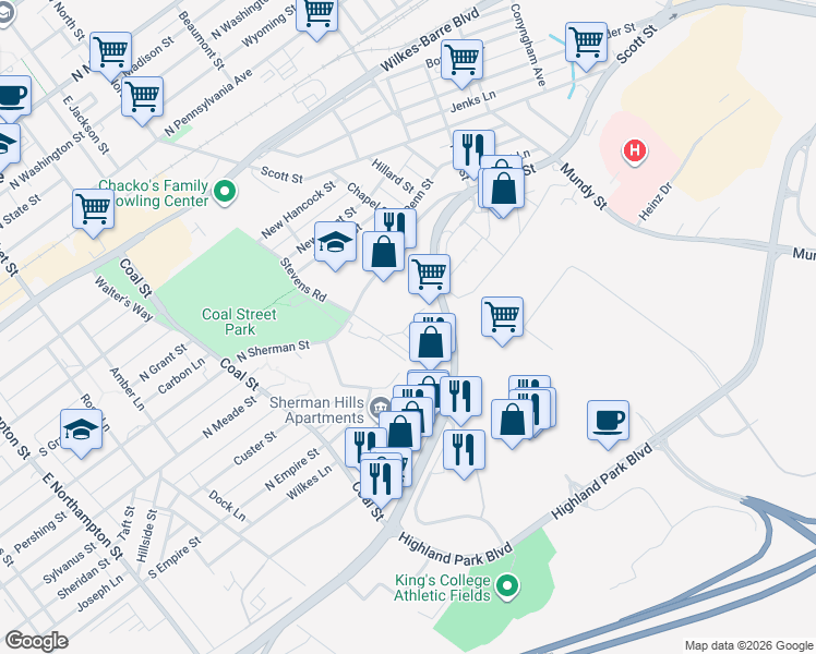 map of restaurants, bars, coffee shops, grocery stores, and more near 130-138 Stevens Road in Wilkes-Barre