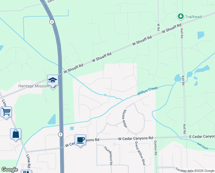 map of restaurants, bars, coffee shops, grocery stores, and more near 17000 Willow Ridge Trail in Fort Wayne