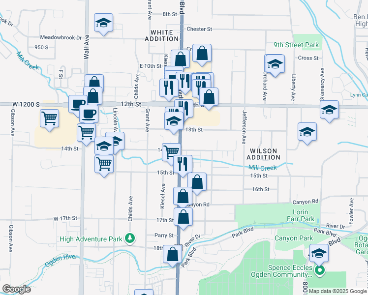 map of restaurants, bars, coffee shops, grocery stores, and more near 1412 Washington Boulevard in Ogden