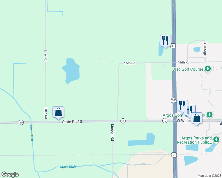 map of restaurants, bars, coffee shops, grocery stores, and more near 16301 Linden Road in Argos