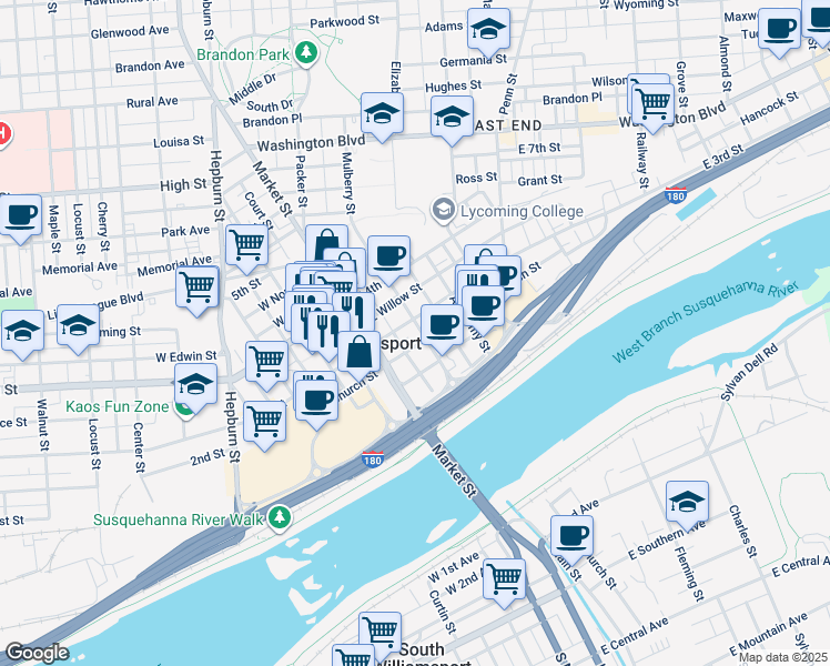 map of restaurants, bars, coffee shops, grocery stores, and more near 34-98 E Church St in Williamsport