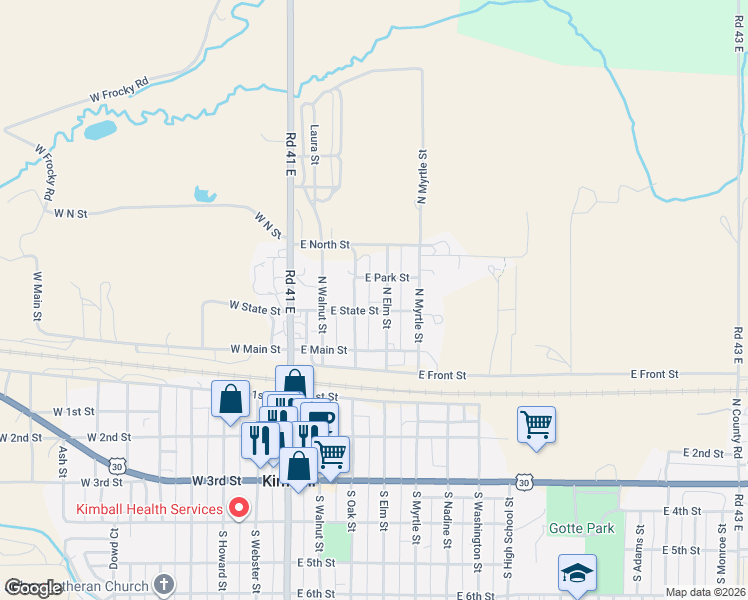 map of restaurants, bars, coffee shops, grocery stores, and more near 350-398 East State Street in Kimball