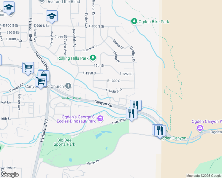 map of restaurants, bars, coffee shops, grocery stores, and more near 1629 East 1350 South Street in Ogden