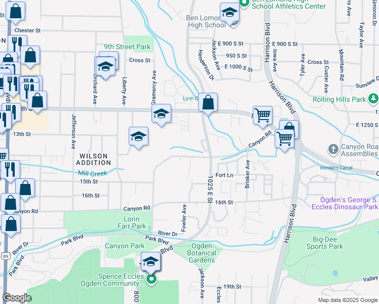 map of restaurants, bars, coffee shops, grocery stores, and more near 965 Canyon Road in Ogden