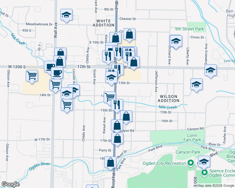 map of restaurants, bars, coffee shops, grocery stores, and more near 1412 Washington Boulevard in Ogden