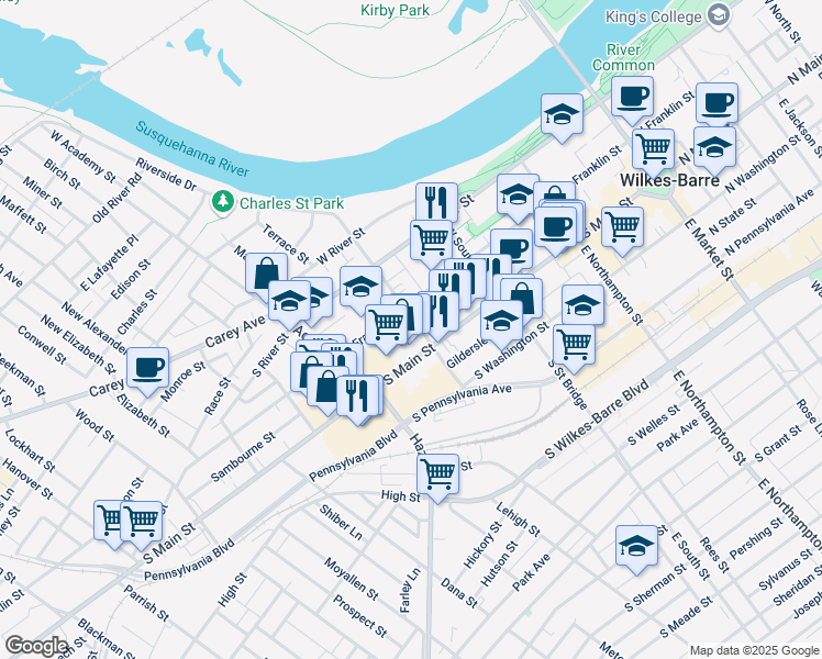 map of restaurants, bars, coffee shops, grocery stores, and more near 295 South Main Street in Wilkes-Barre