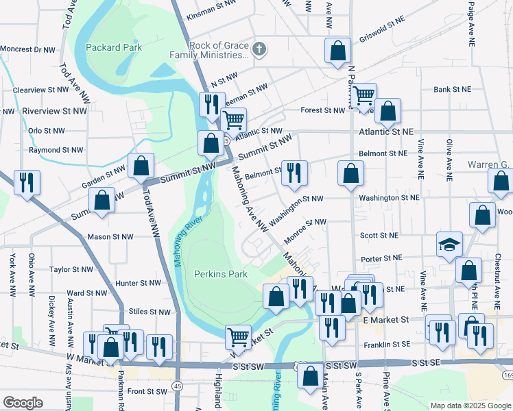 map of restaurants, bars, coffee shops, grocery stores, and more near 670 Mahoning Avenue in Warren