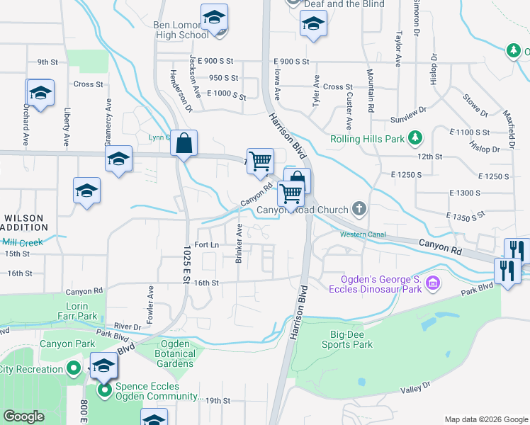 map of restaurants, bars, coffee shops, grocery stores, and more near 1208 East 1305 South in Ogden