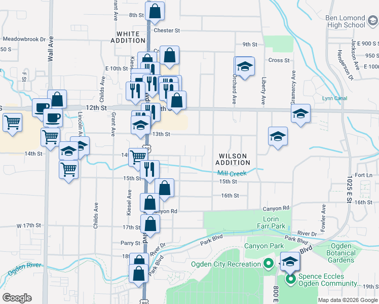map of restaurants, bars, coffee shops, grocery stores, and more near 524 14th Street in Ogden