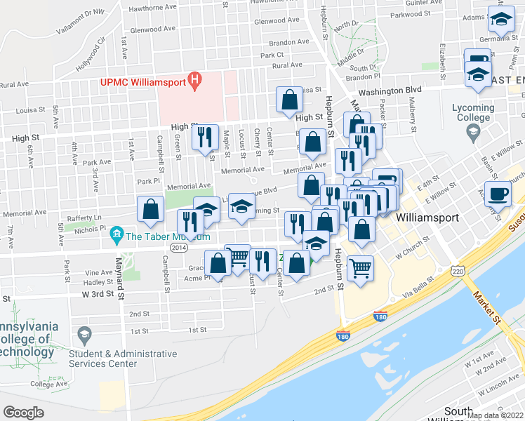 map of restaurants, bars, coffee shops, grocery stores, and more near 519 Lycoming Street in Williamsport