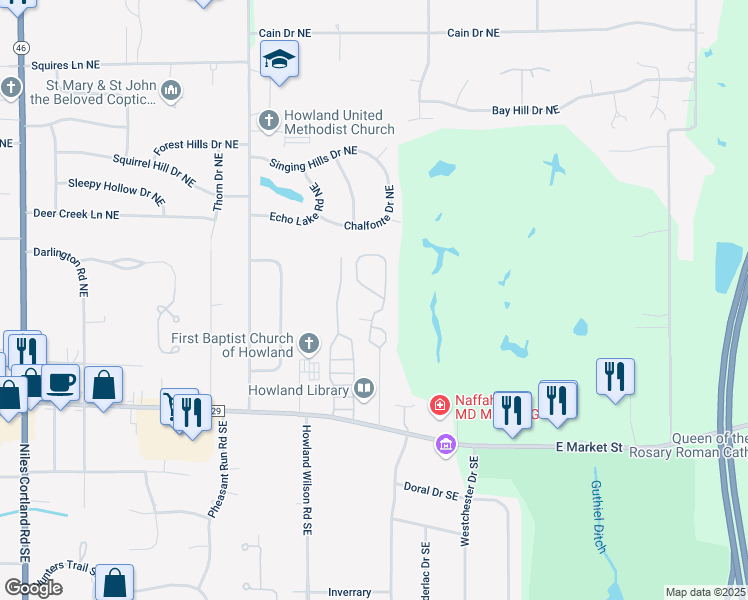 map of restaurants, bars, coffee shops, grocery stores, and more near 125 Hogan Lane in Warren