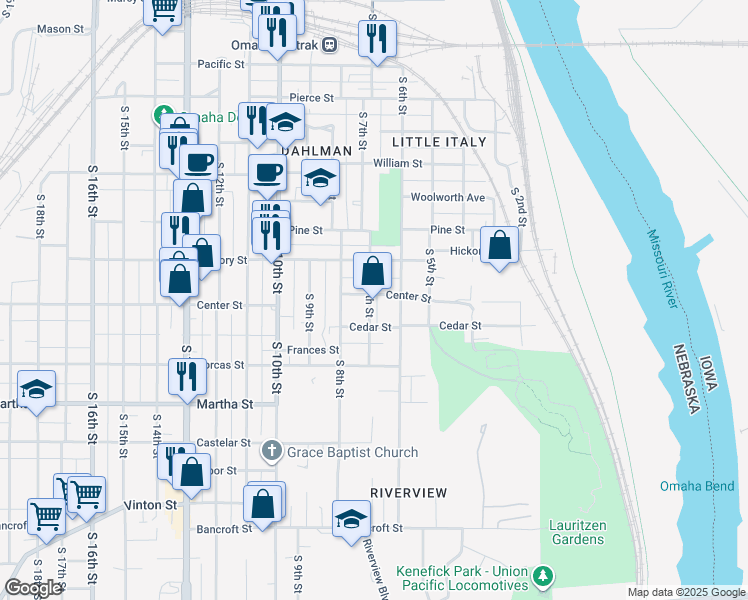 map of restaurants, bars, coffee shops, grocery stores, and more near 1903 South 7th Street in Omaha