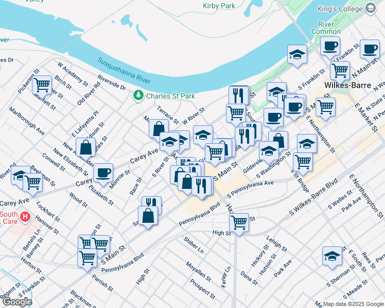 map of restaurants, bars, coffee shops, grocery stores, and more near 58 Davis Place in Wilkes-Barre