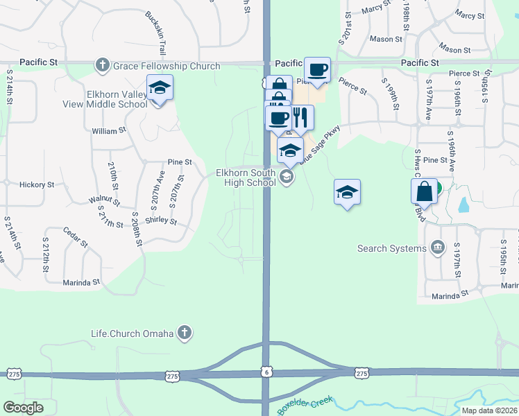 map of restaurants, bars, coffee shops, grocery stores, and more near 1818 South 204th Street in Douglas County