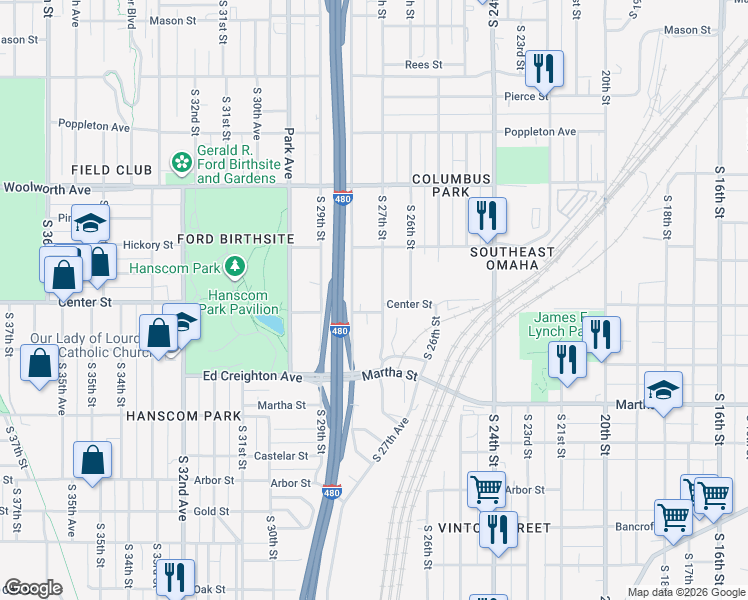 map of restaurants, bars, coffee shops, grocery stores, and more near 1908 South 27th Street in Omaha