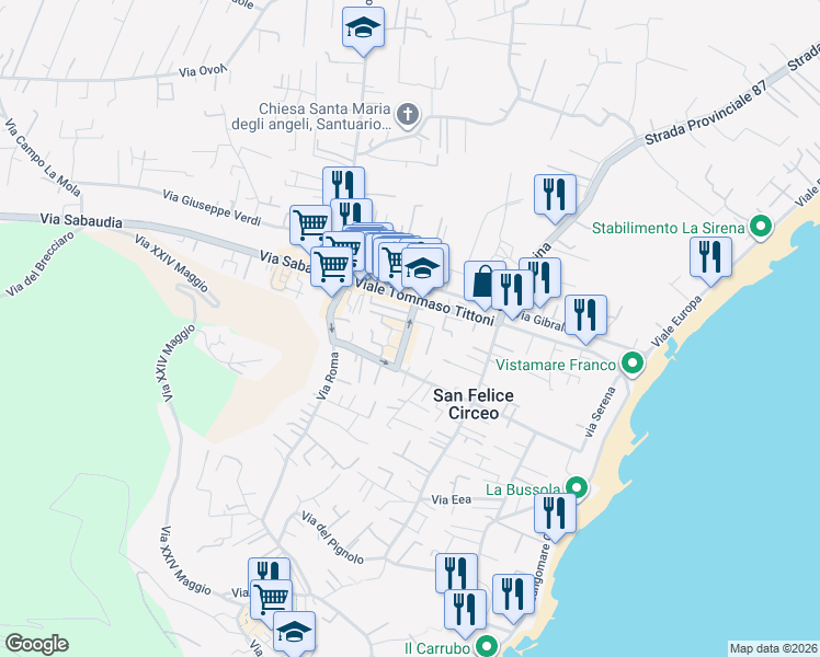 map of restaurants, bars, coffee shops, grocery stores, and more near 51B Via Poniatowskj in San Felice Circeo