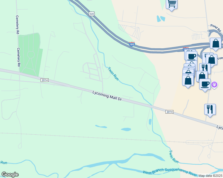 map of restaurants, bars, coffee shops, grocery stores, and more near 76 Odell Road in Muncy