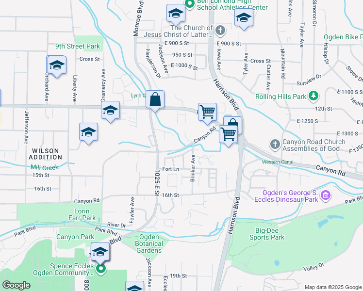 map of restaurants, bars, coffee shops, grocery stores, and more near 1068 Creekside Drive in Ogden