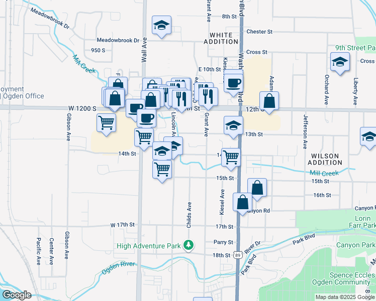 map of restaurants, bars, coffee shops, grocery stores, and more near 225 14th Street in Ogden