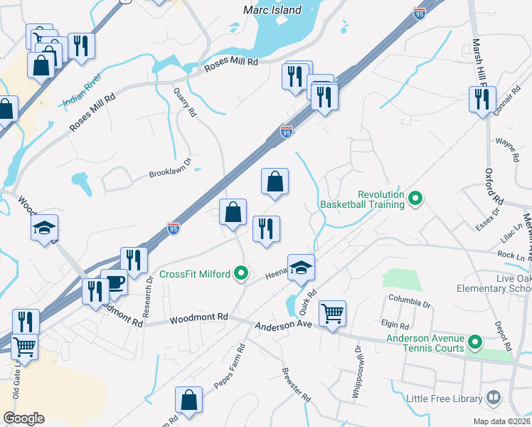 map of restaurants, bars, coffee shops, grocery stores, and more near 160-200 Research Dr in Milford