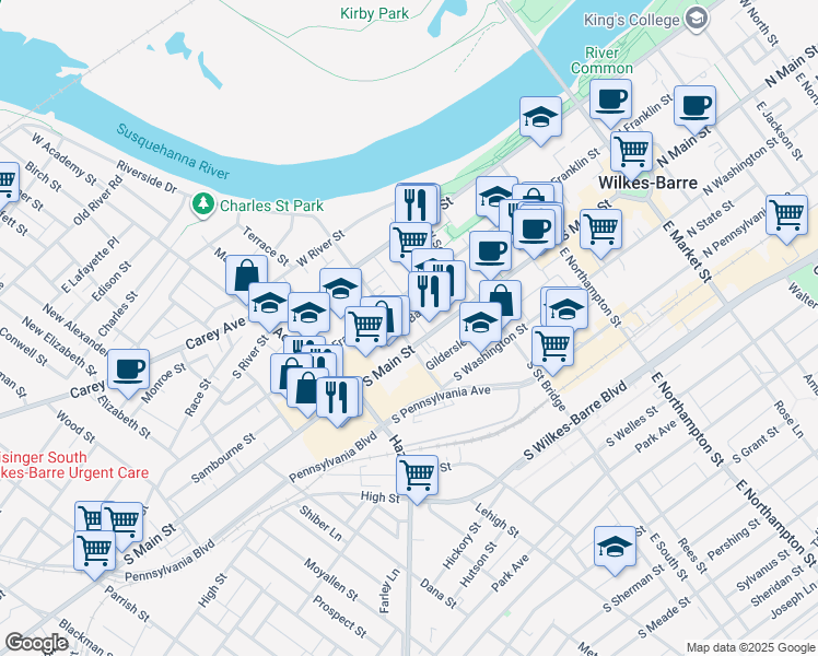 map of restaurants, bars, coffee shops, grocery stores, and more near 295 South Main Street in Wilkes-Barre