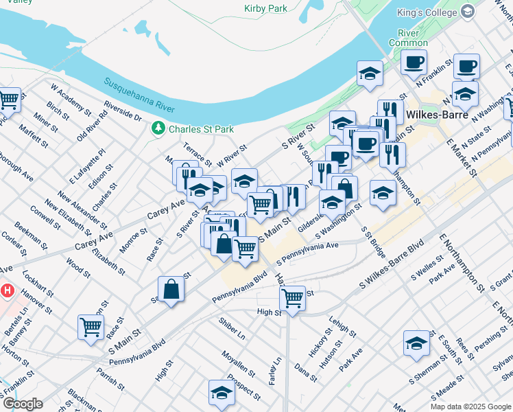 map of restaurants, bars, coffee shops, grocery stores, and more near 338 South Franklin Street in Wilkes-Barre