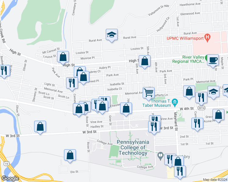 map of restaurants, bars, coffee shops, grocery stores, and more near 560 Lose Parkway in Williamsport
