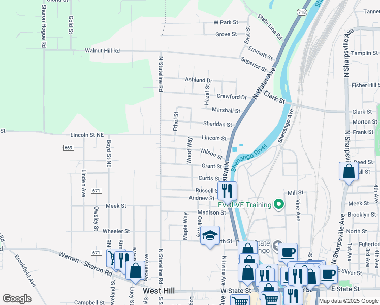 map of restaurants, bars, coffee shops, grocery stores, and more near 422 Grant Street in Sharon