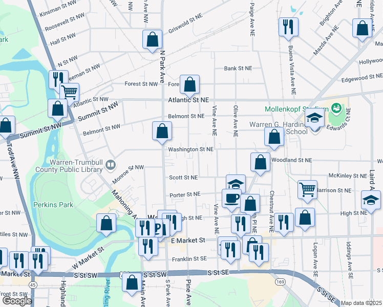 map of restaurants, bars, coffee shops, grocery stores, and more near 461 Waverly Avenue Northeast in Warren
