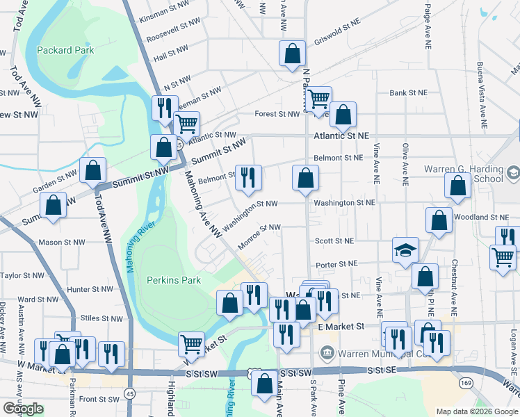 map of restaurants, bars, coffee shops, grocery stores, and more near 293 Washington Street Northwest in Niles