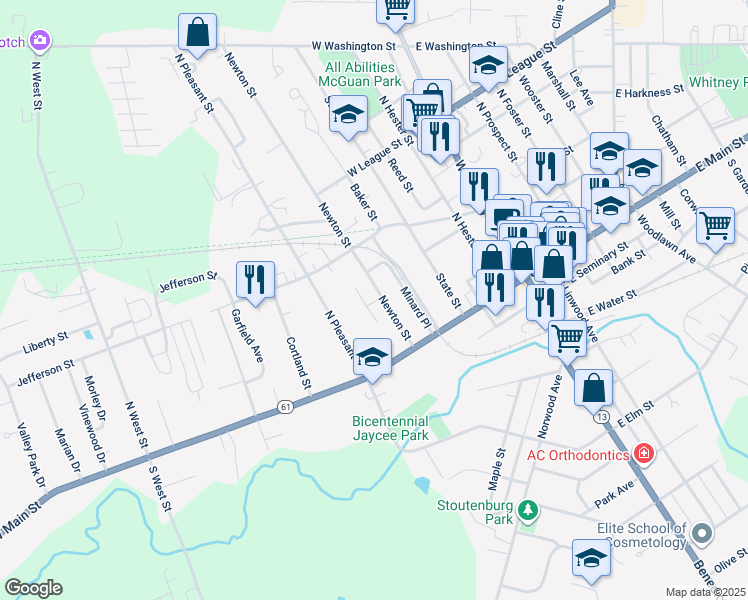 map of restaurants, bars, coffee shops, grocery stores, and more near 11 Newton Street in Norwalk