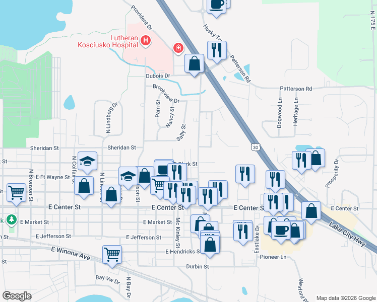 map of restaurants, bars, coffee shops, grocery stores, and more near 2421 East Clark Street in Warsaw