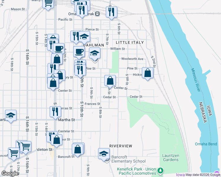 map of restaurants, bars, coffee shops, grocery stores, and more near 1903 South 7th Street in Omaha
