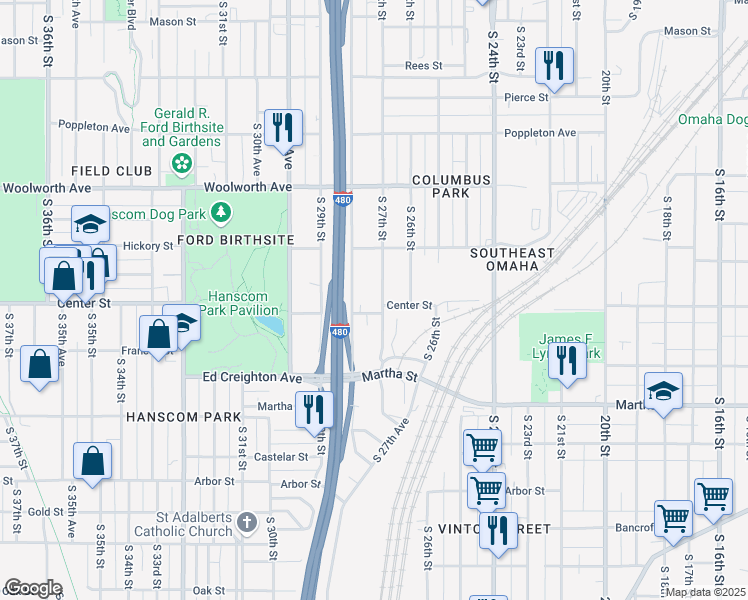 map of restaurants, bars, coffee shops, grocery stores, and more near 1908 South 27th Street in Omaha